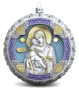 Набор подарочный с шарами и иконой "Казанская Божья Матерь " из серебра, 2 шара
